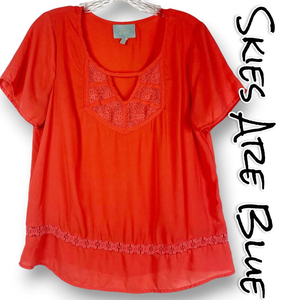 Skies Are Blue Anthroplogie Coral Orange Relaxed Fit Blouse Lace Womens Size Med